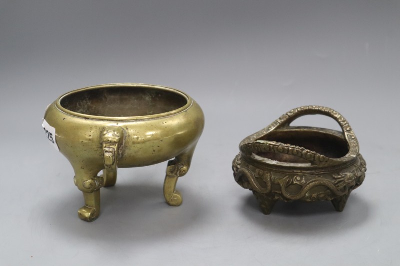 Two Chinese bronze tripod censers, apocryphal seal marks, tallest 10cm